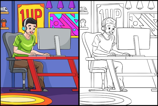 Gamer Página Para Colorear Ilustración Coloreada