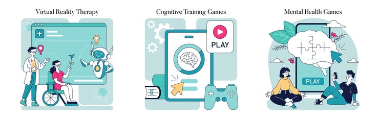 Vector la gamificación de la salud establece la terapia de realidad virtual ejercicios cognitivos y bienestar mental a través de