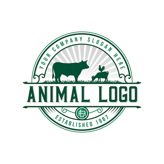 Ganado con diseño de logotipo vintage retro de vaca, pollo y cabra