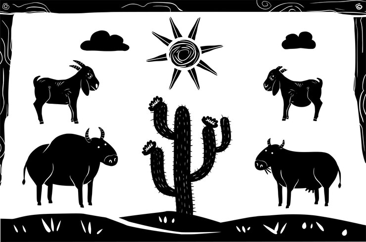Vector ganado en un entorno desértico ilustración de estilo xilografía