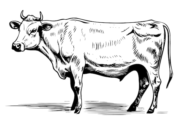 Ganado de ilustración de boceto dibujado a mano de vaca de granja