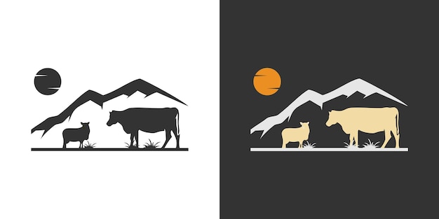 Vector ganado ovejas vacas logotipo de montaña ganado bovino ilustración vectorial