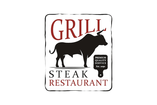 Ganado Toro Angus Carne de vacuno Parrilla Parrilla Barbacoa BBQ BBQ Diseño de logotipo retro vintage