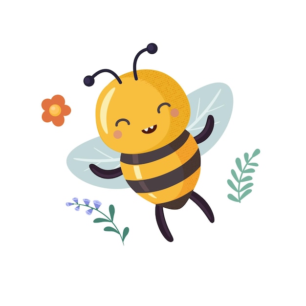 Ganador de la abeja de la suerte personaje lindo de abeja de dibujos animados en estilo plano