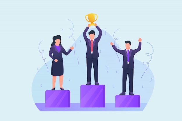 Ganador de la competencia empresarial en el podio con trofeo ganador