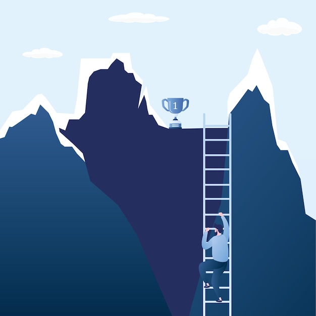 Ganador de la copa en la cima de la montaña El empresario sube las escaleras hacia el camino del éxito hacia el concepto de líderes empresariales