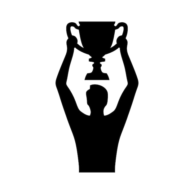 Ganador con icono de copa de trofeo Hombre sosteniendo la copa del ganador Concepto de victoria y éxito Ilustración vectorial