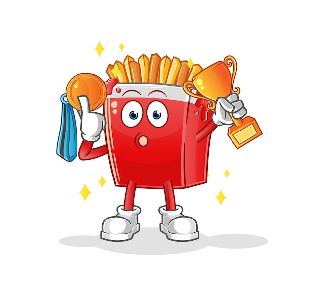 Vector ganador de patatas fritas con trofeo. personaje animado