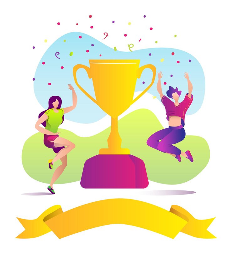 Vector ganador personas deporte concepto vector ilustración hombre mujer personaje lograr éxito dibujos animados victoria premio diseño persona feliz cerca de la copa de oro