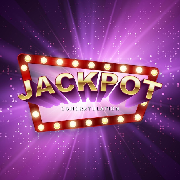 Ganador del premio mayor del casino. Banner de gran victoria. Letrero retro sobre fondo morado con rayos de luz. Ilustración vectorial