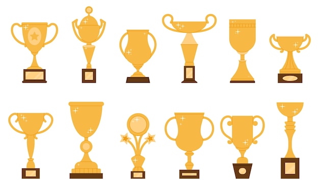 Ganador trofeo plano dorado copa campeón signo de carreras o deportes elementos de victoria iconos de copa premio aislado o símbolos de éxito conjunto vectorial decente