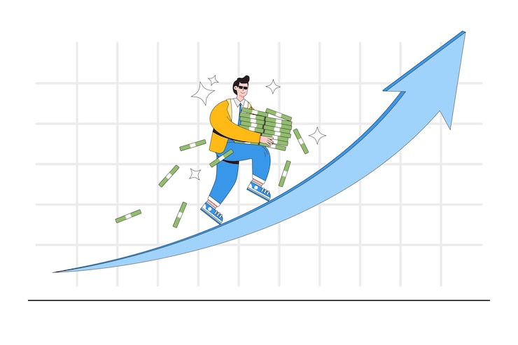 Vector las ganancias de inversión aumentan el crecimiento del mercado de valores ganan más ingresos aumentan la riqueza o aumentan los conceptos financieros de inflación de ingresos el administrador del fondo tiene un montón de dinero y se ejecuta en la flecha del gráfico ascendente