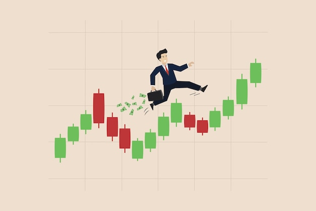 Ganancias por inversión comercio inversor inteligente con una bolsa de dinero caminando en el gráfico de velas
