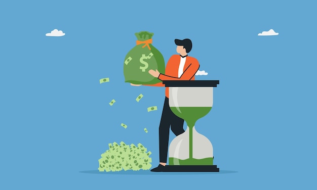 ganancias que coincide con el tiempo concepto de negocio hombre de negocios con vidrio tiempo y bolsa de dinero