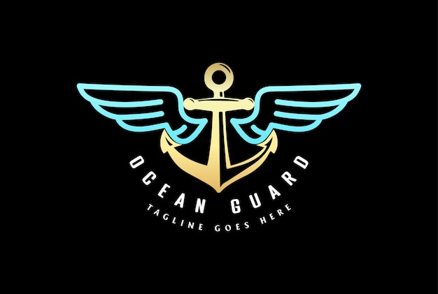 Gancho de ancla dorado con alas para ocean sail nautical guard o yacht boat navy logo design