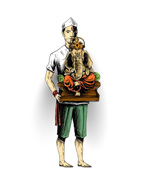 Ganesh Chaturthi Hombre sosteniendo su mano Lord Ganesh Hand Drawn Sketch Vector illustration