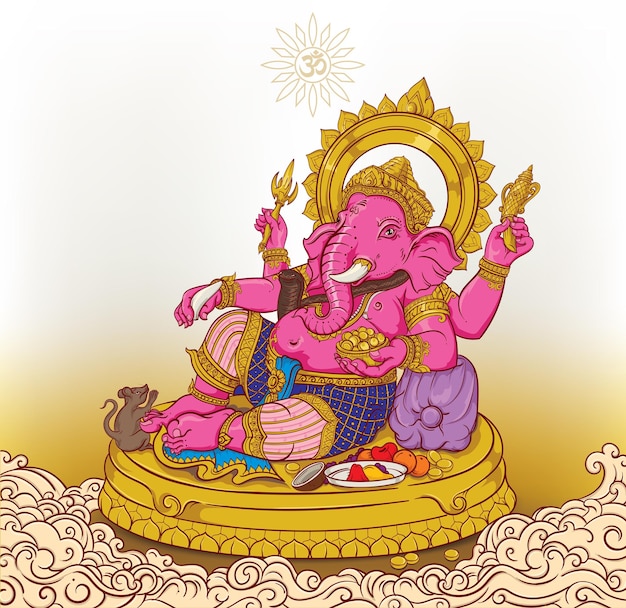 Ganesha, el dios hindú, la postura de la felicidad, el símbolo, el estilo, el vector.