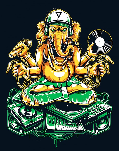 Ganesha dj sentada en material musical electrónico