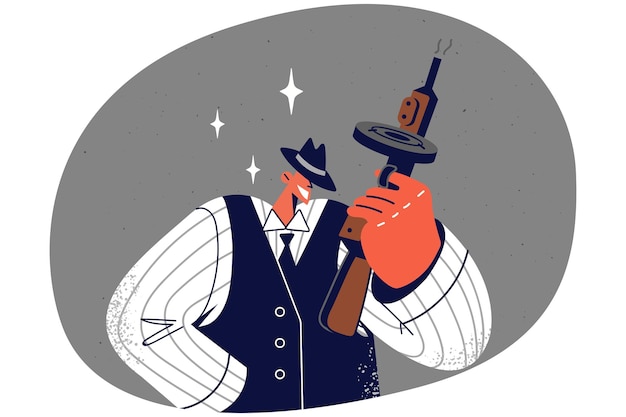 Gángster sonriente en traje con pistola en las manos luciendo genial hombre feliz criminal en ropa de estilo occidental crimen y mafia ilustración vectorial