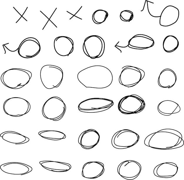 garabateos circulares dibujos de línea negra dibujados a mano resaltado Establecer elipses trazos y marcas de énfasis Dibujo a mano resalto Establecer ellipses trazos y señales de énfasi