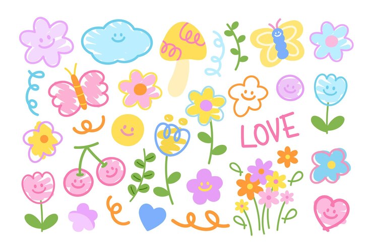 Los garabates de flores como las flores, las hojas, las mariposas, los hongos, las cerezas, los tulipanes sonrientes, los corazones, las nubes para dibujos animados.
