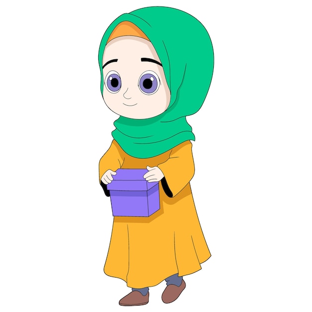 garabato dando caridad una chica musulmana con hijab llevando una caja de regalos de donación