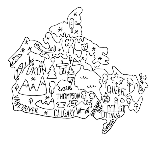 Garabato dibujado a mano mapa ilustrado de canadá