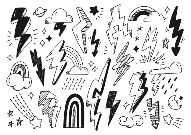Garabatos abstractos dibujados a mano de nube de rayo y elemento de diseño de vector de estrella