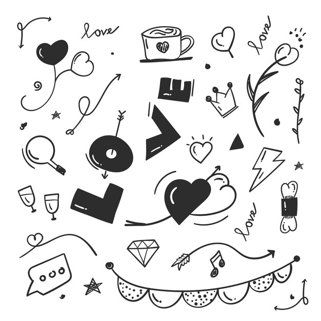garabatos abstractos elementos de doodle con concepto de amor