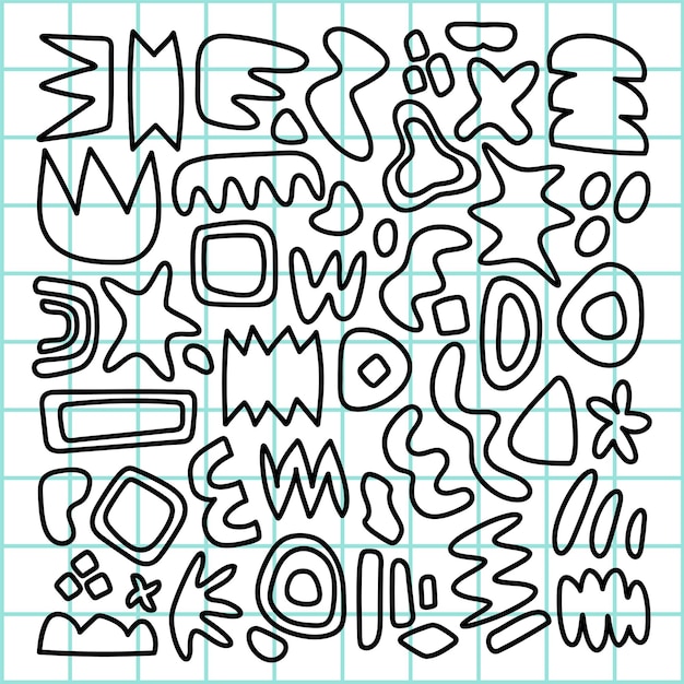 Garabatos abstractos en un fondo de cuadrícula Varias formas formas abstractas y garabatos crean un patrón artístico lúdico Grilla y garabatas en un diseño creativo Conjunto vectorial de formas funky