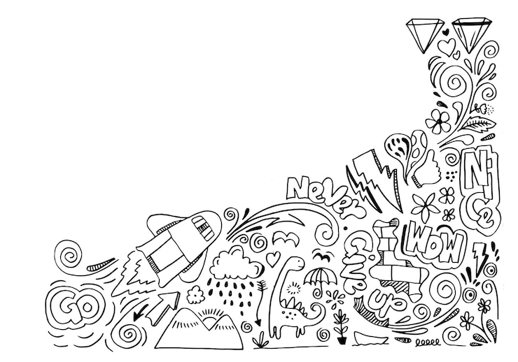 Vector garabatos de arte creativo dibujados a mano ilustración de diseño con texto nunca te rindas, wow, agradable.