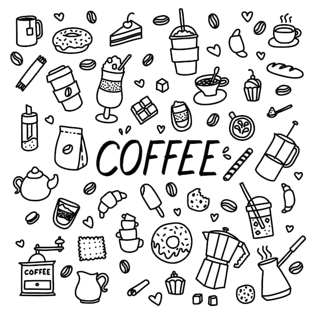 Garabatos de café bebidas dibujadas a mano y panadería para boceto de dibujos animados de vector de menú de café
