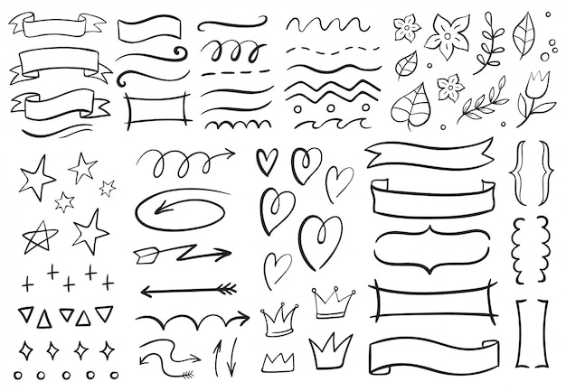 Vector garabatos decorativos vintage. cinta dibujada a mano, flechas de contorno y conjunto de decoraciones de tarjetas de vacaciones doodle