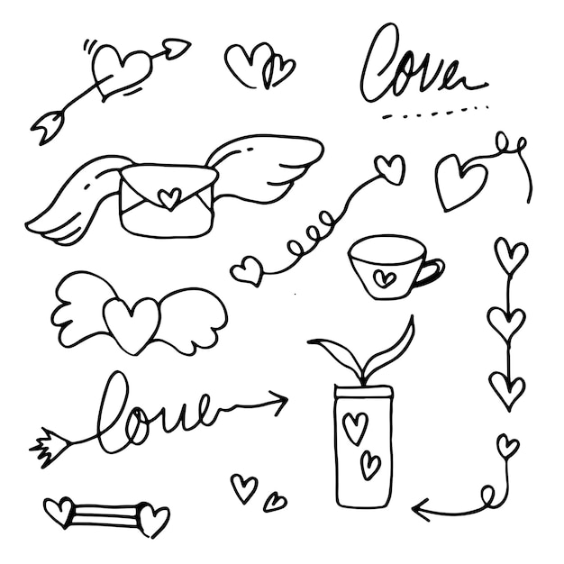 Garabatos dibujados a mano para la colección del Día de San Valentín de hermosos corazones y escritos Amor sobre fondo blanco Ilustración vectorial