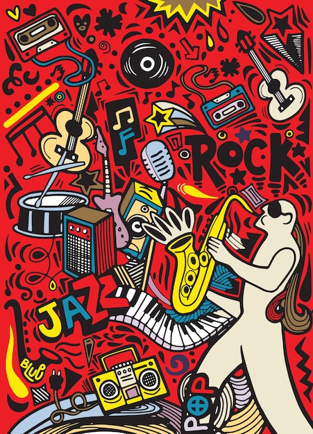 garabatos dibujados a mano plantilla de cartel musical.Música abstracta