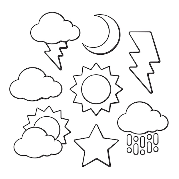 Vector garabatos dibujados a mano de símbolos meteorológicos conjunto de contorno vectorial estrella de media luna de nube de sol