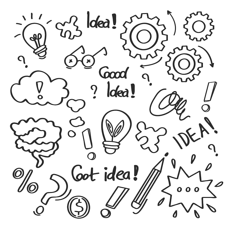 Vector garabatos dibujados sobre ideas, pensamiento y conocimiento.