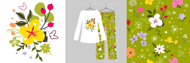 Garabatos de diseño gráfico floral sobre fondo blanco patrón sin costuras pijama de mujer dibujado a mano