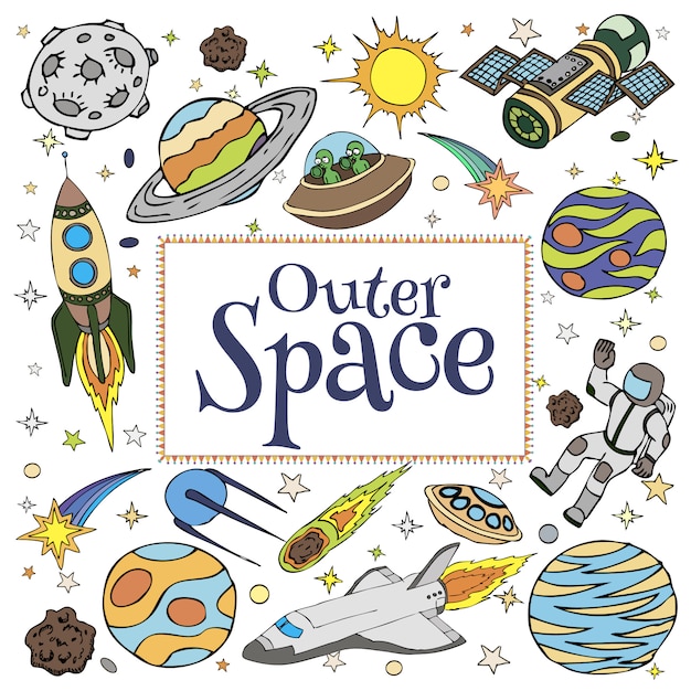 Garabatos del espacio exterior, símbolos y elementos de diseño, naves espaciales, planetas, estrellas, cohetes, astronautas, satélites, cometas. Iconos de espacio de dibujos animados para niños portada del libro. Dibujado a mano ilustración.