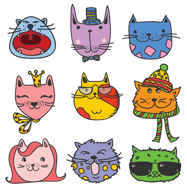 Garabatos de gatos divertidos conjunto de 9 personajes dibujados a mano en diferentes poses elementos de diseño para imprimir pegatinas tarjetas de felicitación camiseta cartel aislado en el fondo