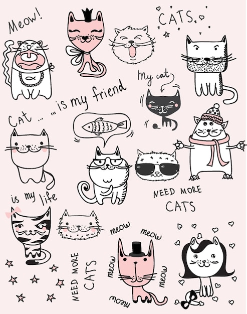 Garabatos de gatos divertidos Conjunto de 9 personajes dibujados a mano en diferentes poses Elementos de diseño para imprimir pegatinas tarjetas de felicitación camiseta cartel Aislado en el fondo