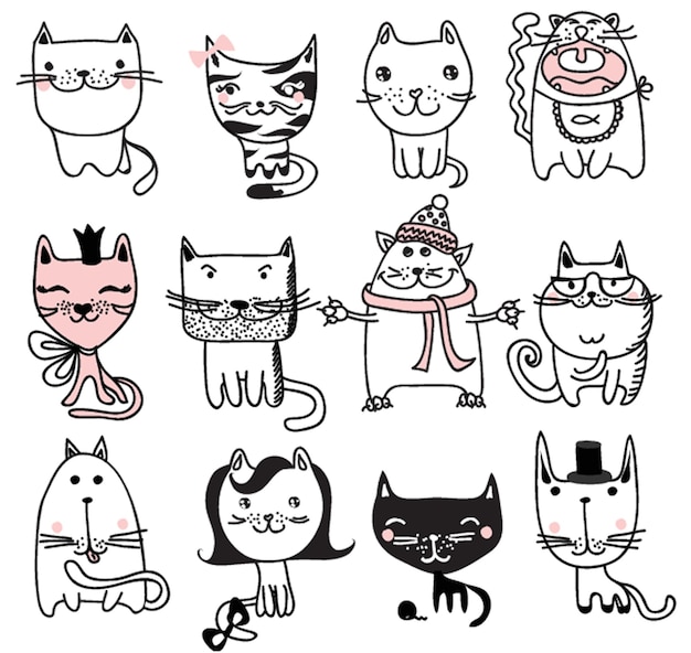 Garabatos de gatos divertidos Conjunto de personajes dibujados a mano en diferentes poses Elementos de diseño para imprimir pegatinas tarjetas de felicitación camiseta cartel Aislado en el fondo