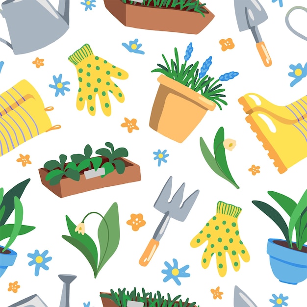 Garabatos de herramientas de jardinería, plantas en macetas, flores. Patrón transparente de vector dibujado a mano. Adorno de dibujos animados de colores de primavera. Diseño para tela, textil, fondo, envoltura, papel tapiz.