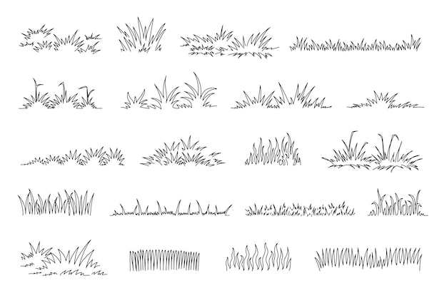 Garabatos de hierba lineal Tufos de césped dibujados a mano dibujan líneas de vegetación y bordes decorativos de prados frescos naturales Parches de hierba de jardín conjunto vectorial aislado