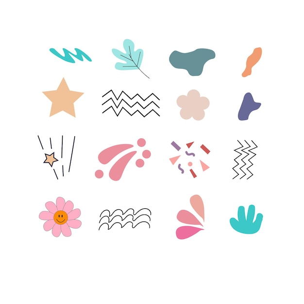 Garabatos iconos abstractos de manchas líneas flores y hojas ilustración vectorial