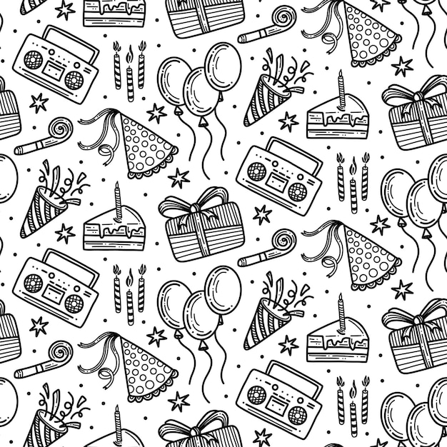 Garabatos lindos patrones sin fisuras con globos de pastel y taperecorder Fondo de tema de feliz cumpleaños