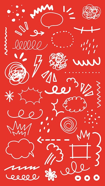 Los garabatos lúdicos en un fondo rojo las líneas caprichosas los remolinos y las formas crean un patrón animado los garabatos y las formas traen una vibración artística divertida el conjunto de elementos vectoriales de garabatos blancos