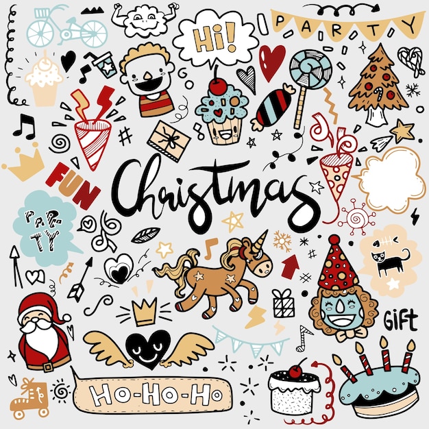 Garabatos de Navidad dibujados a mano lindos, conjunto de elementos de diseño de Navidad en estilo doodle, conjunto de dibujos animados de Doodle dibujados a mano incompletos de objetos sobre el tema Feliz Navidad, cada uno en una capa separada.
