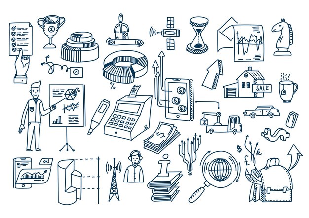 Garabatos de negocios símbolos y elementos vectoriales dibujados a mano.