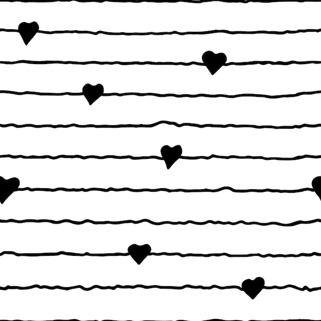 Garabatos negros patrón de corazón de patrones sin fisuras dibujados a mano sobre fondo rayado. eps8 vectoriales